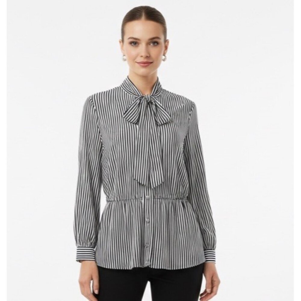NEW Ann Taylor Striped Bow Tie Blouse top SMALL Black White Minimalist